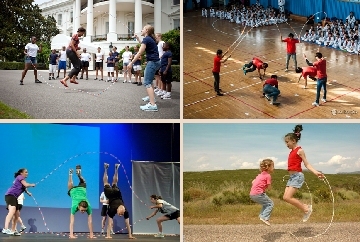 Jumping Rope: At the White House; at 2 athletic events; a girl & her little sister outside